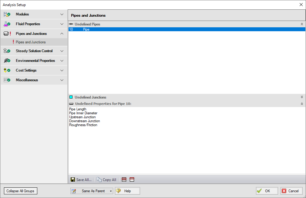 The Pipes and Junctions Panel with an undefined pipe